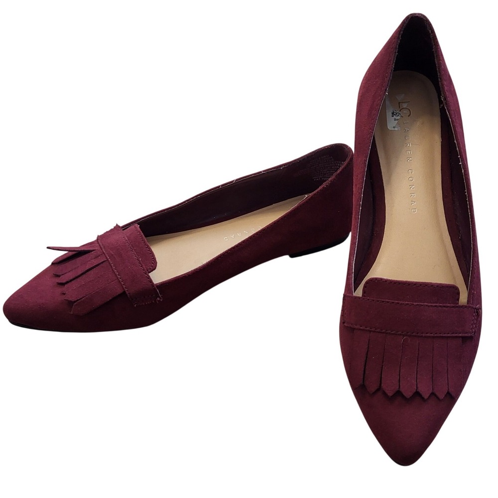 LC Lauren Conrad Burgundy Wine Faux Suede Fringe Pointed Toe‎ Flats size 9